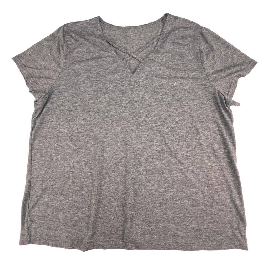 3X Heathered Gray Criss Cross V Neck Tee Crossover Neck Short Sleeve Knit Top
